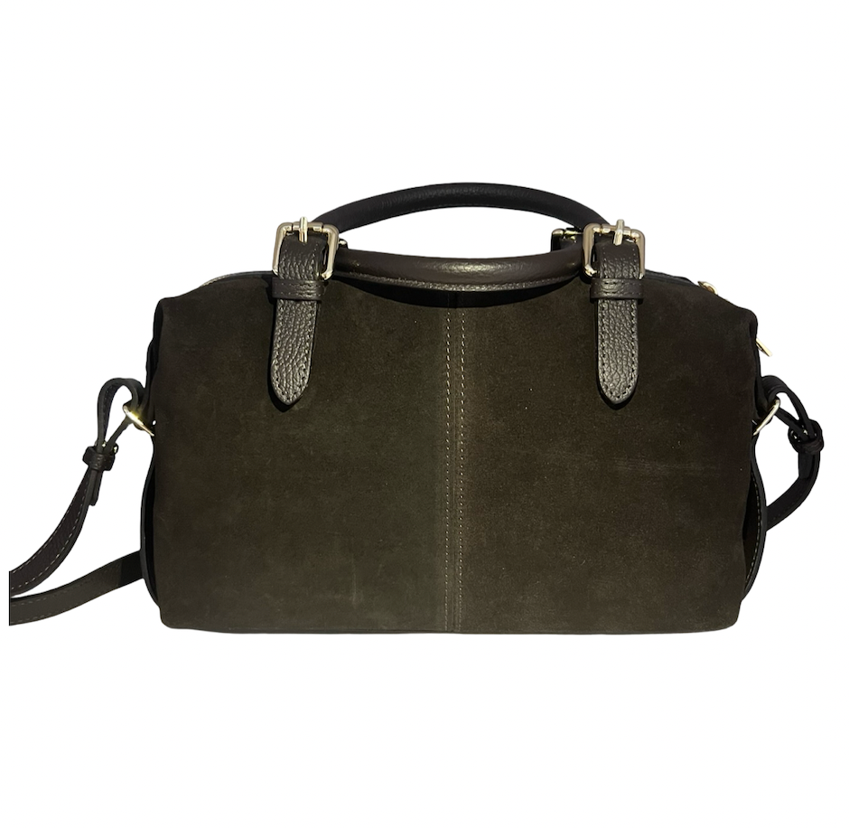 Дамска велурена чанта тип боулинг в тъмнокафяво - естествена кожа