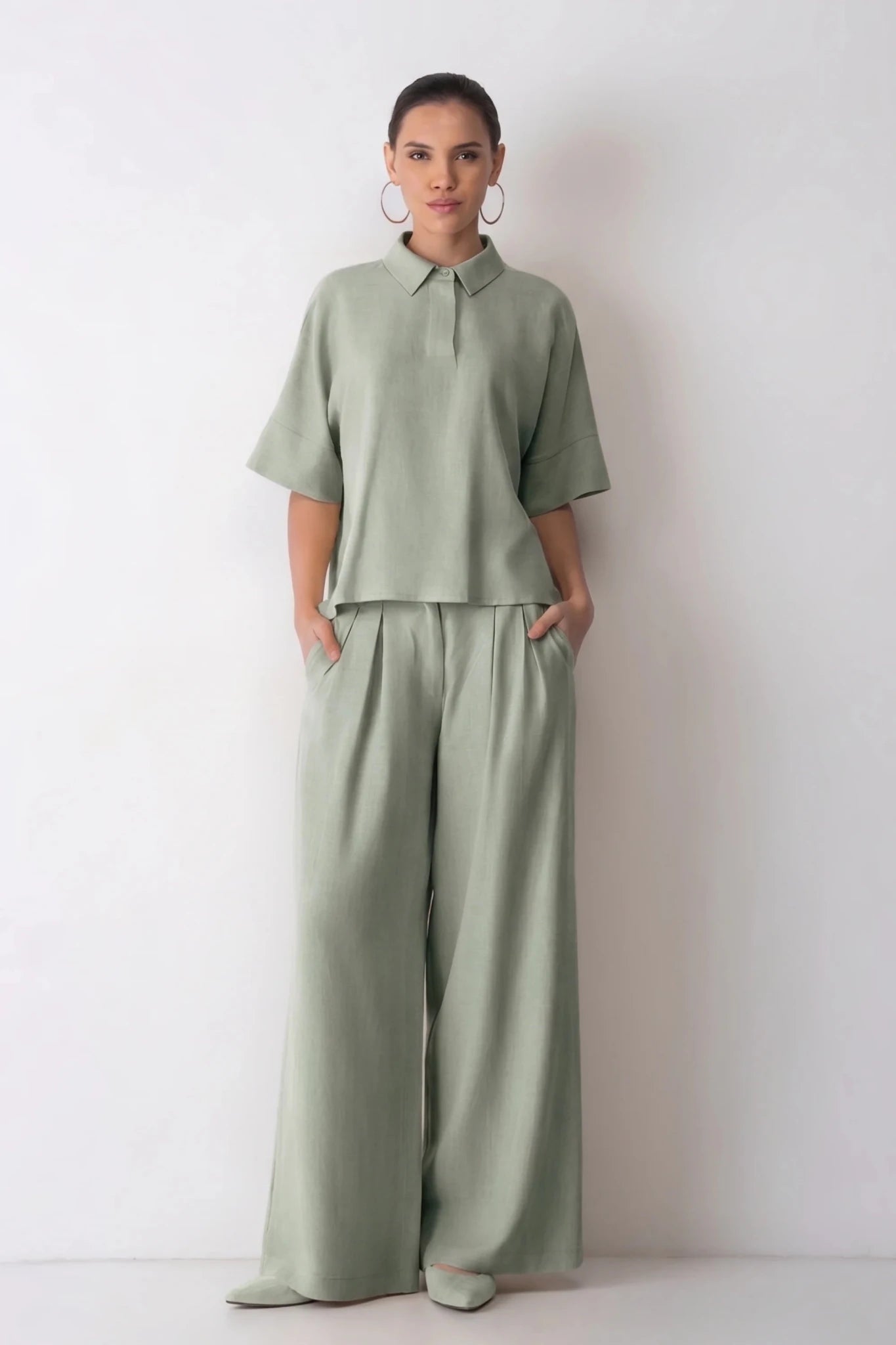 Дамски сет "Dita" – Зелен комплект от тенсел и лен с широк панталон Roberto&Co Roberto Fashion Store Set GR1204SETAA1025GRESM S/M