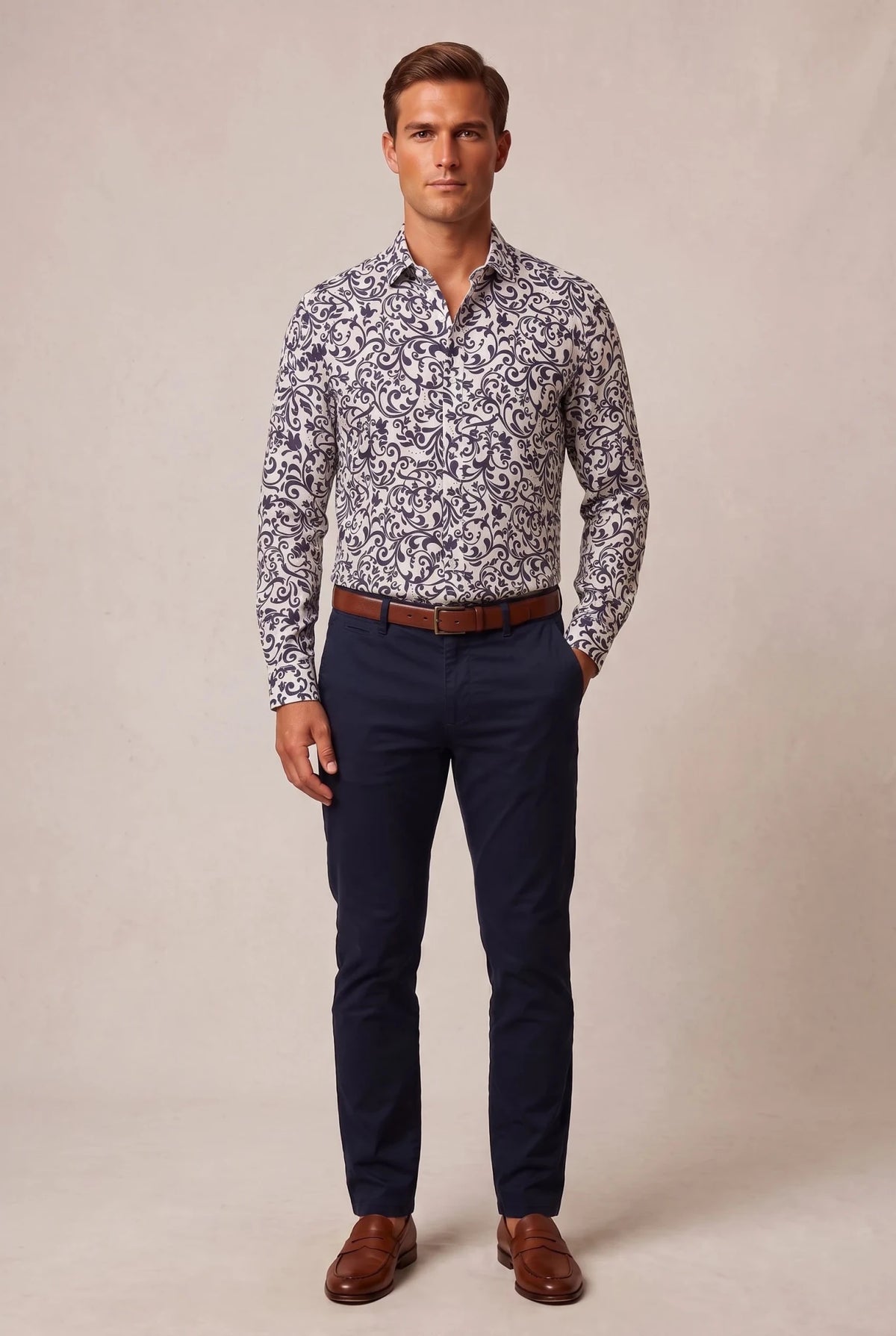 Мъжка ленена риза с дълъг ръкав в бяло и синьо Roberto&Co Roberto Fashion Store Shirt MCM0808SHRDSNLNNM M