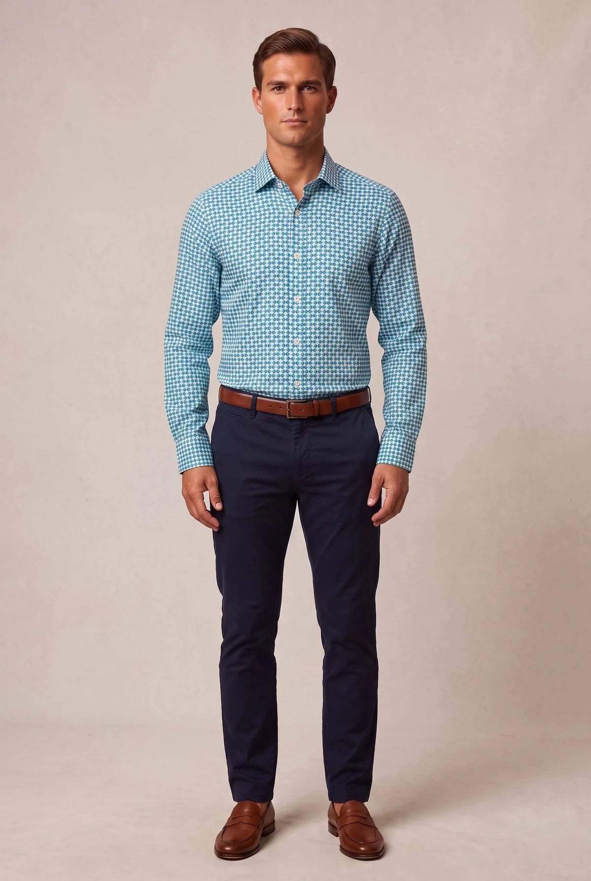 Мъжка риза с дълъг ръкав, бяло-зелен геометричен принт Roberto&Co Roberto Fashion Store Shirt MCM0808SHRGEOCOTM M