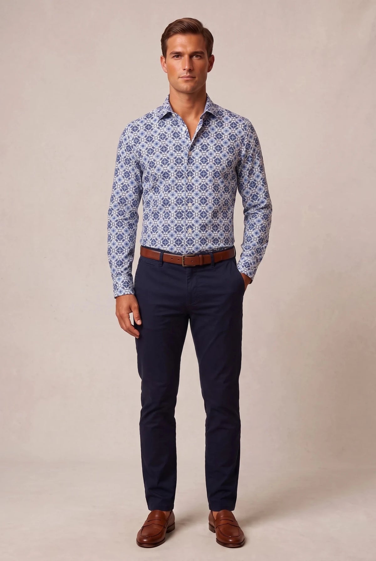 Мъжка риза с дълъг ръкав, син флорален принт, бяла основа Roberto&Co Roberto Fashion Store Shirt MCM0808SHRBLUWHIM M