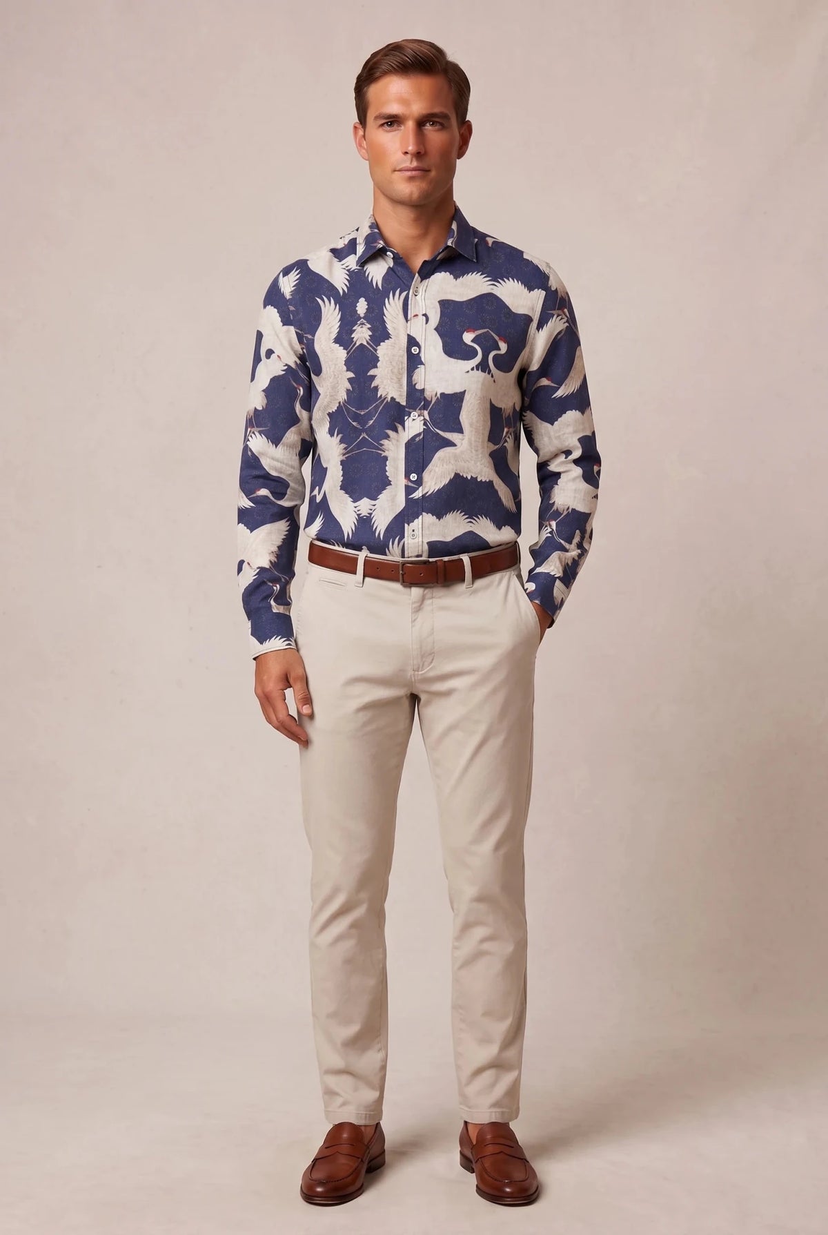 Мъжка риза с дълъг ръкав, тъмносиня, с принт жерави Roberto&Co Roberto Fashion Store Shirt MCM0808SHRBRDLNNM M