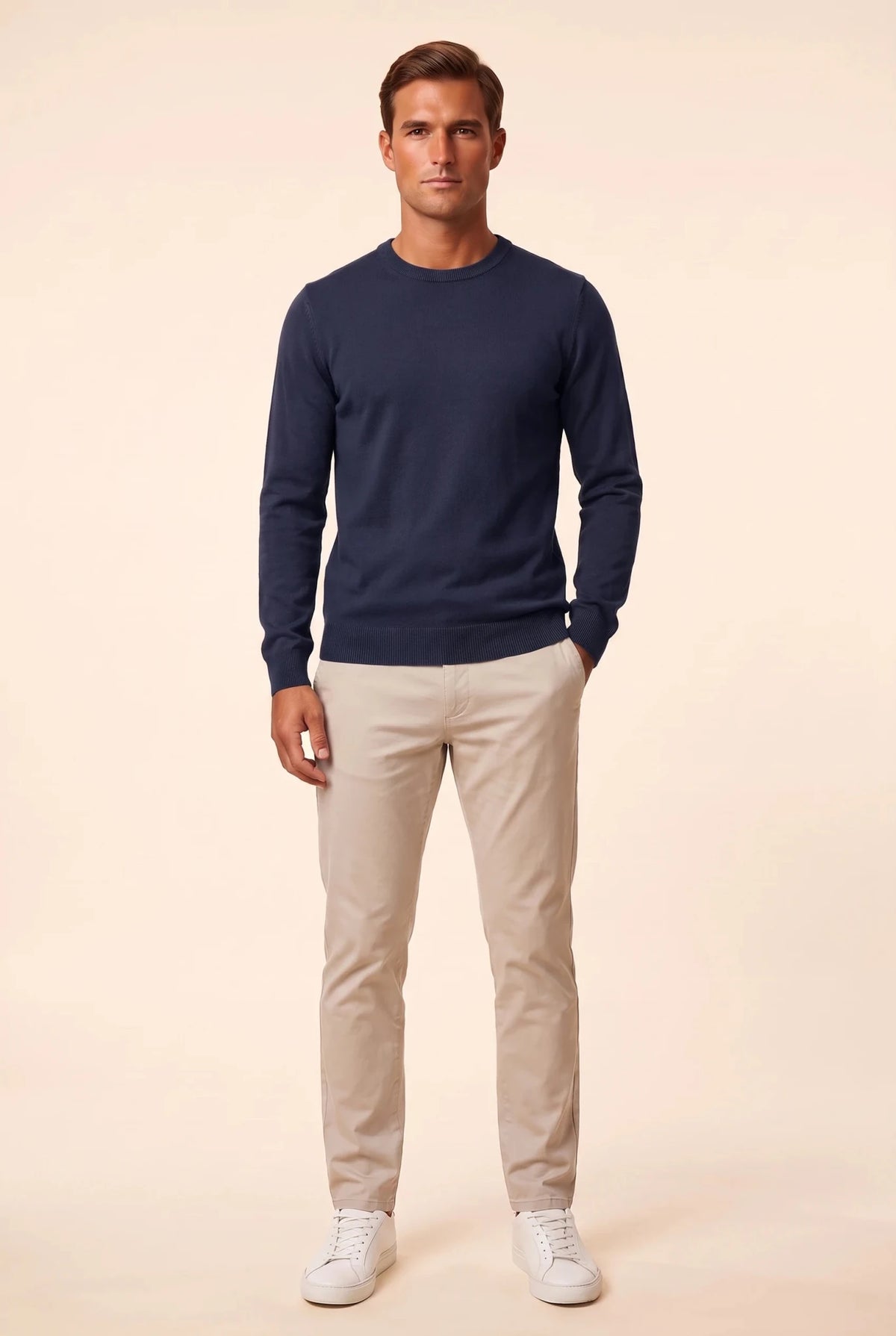 Мъжки памучен пуловер с обло деколте в морско синьо Roberto&Co Roberto Fashion Store Sweater CLM0808KNINAVYBLS S