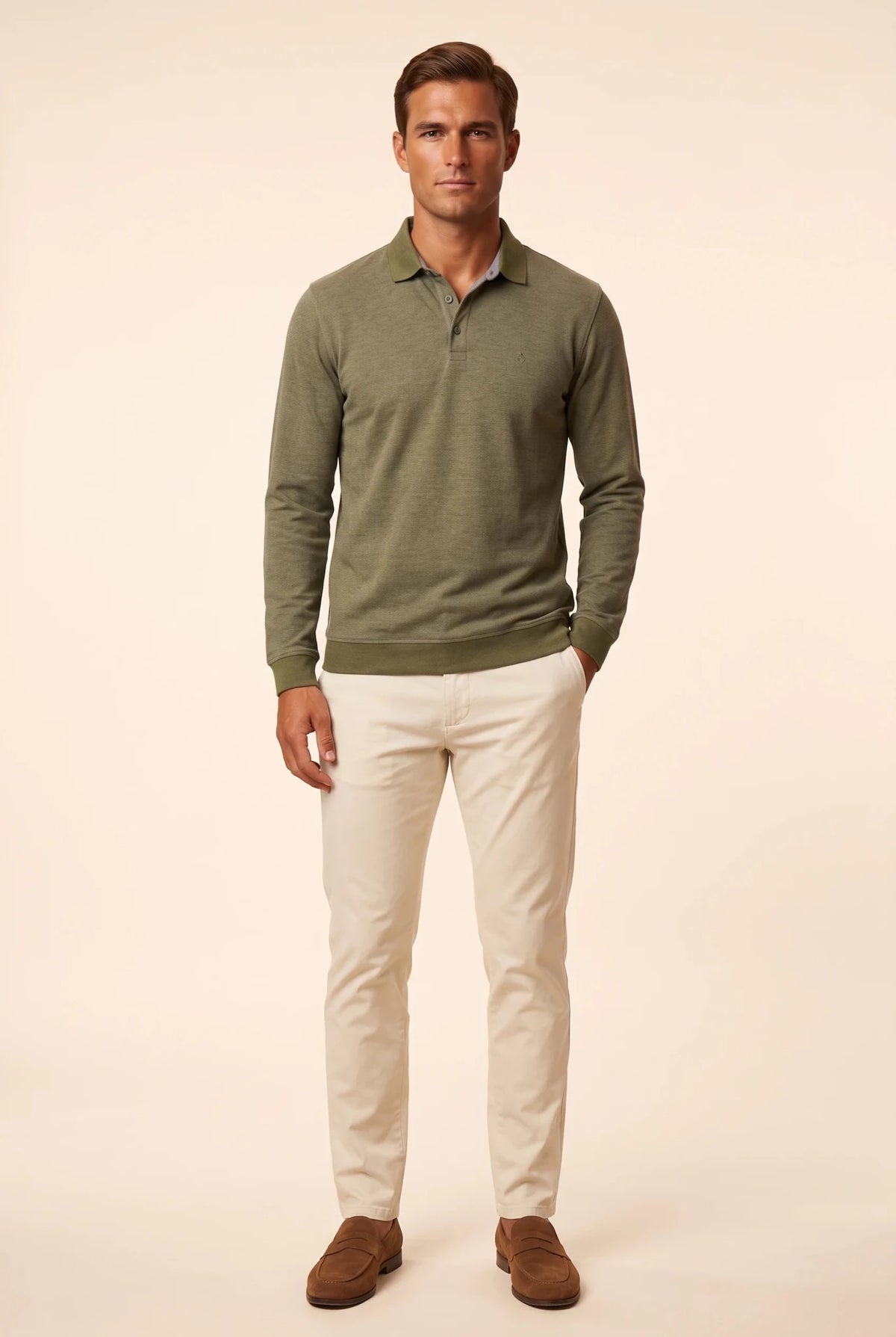 Мъжки памучен пуловер с поло яка в маслинено зелено Roberto&Co Roberto Fashion Store Sweater LGT0808KNIGRNCOLS S