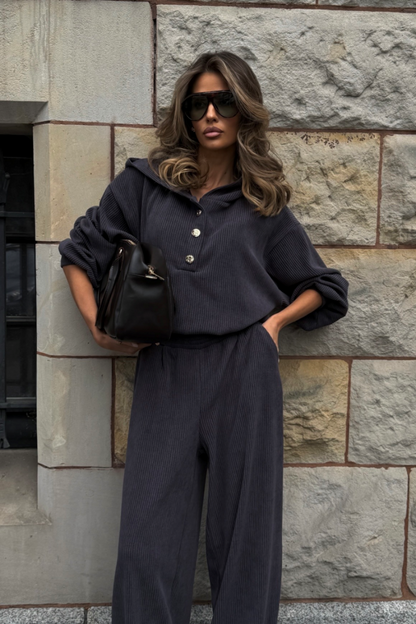 VENICE women's set in graphite – long-sleeved top and trousers, one size, 95% cotton and 5% elastane