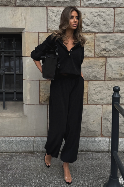 VENICE women's set in black – blouse and trousers, 95% cotton and 5% elastane, one size, comfortable everyday smart-casual style