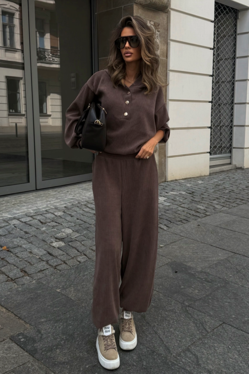 VENICE cotton and elastane women's set – blouse and trousers, dark fango, one size