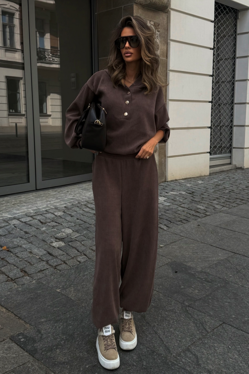 VENICE cotton and elastane women's set – blouse and trousers, dark fango, one size