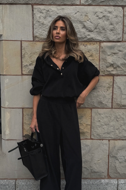 VENICE women's set in black – blouse and trousers, 95% cotton and 5% elastane, one size, comfortable everyday smart-casual style