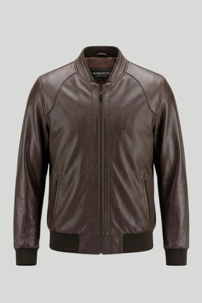 Men's Leather Jacket "Michael" made of genuine leather with laser print, brown — Plus Size 3XL-8XL