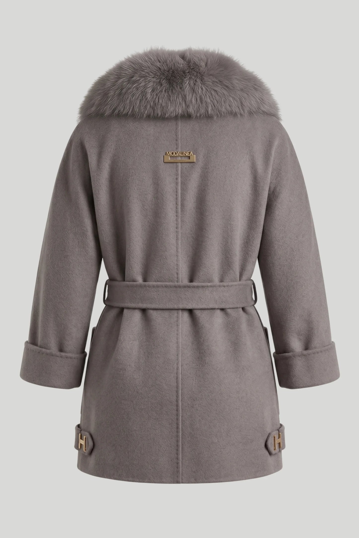 Дамско палто "Nova" от вълна, сиво — с косъм на яката и колан на талията, размери 36-42