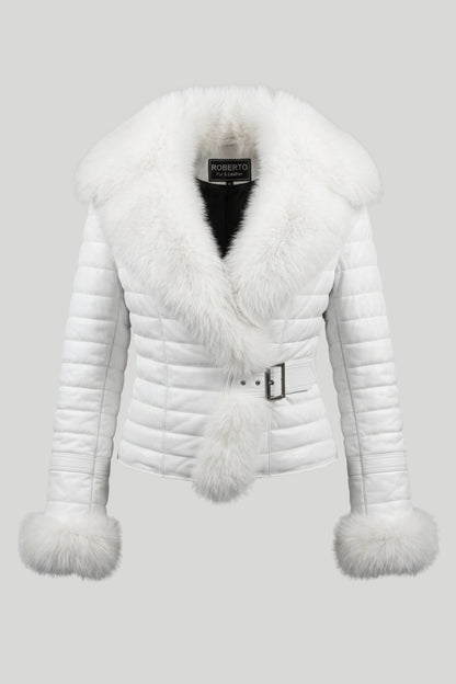 Дамско кожено яке с естествен косъм "Cortina" - ватирано, лисича яка и маншети, колан с катарама, цвят бял - Плюс размери
