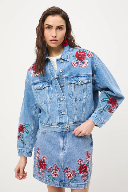 Дамски комплект от дънкова материя "Frida Kahlo" — яке и къса пола, 100% памук, светлосиньо