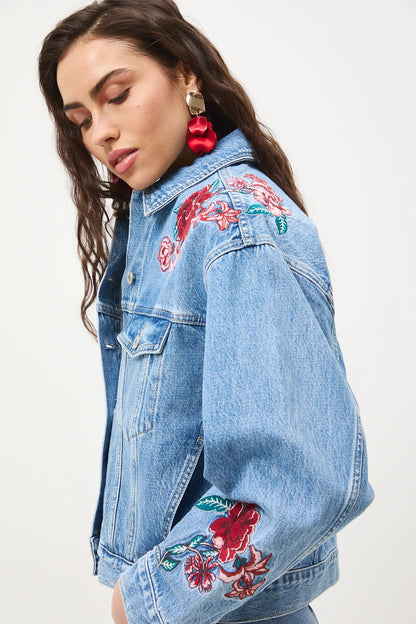 Дамски комплект от дънкова материя "Frida Kahlo" — яке и къса пола, 100% памук, светлосиньо