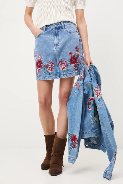 Дамски комплект от дънкова материя "Frida Kahlo" — яке и къса пола, 100% памук, светлосиньо