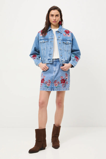 Дамски комплект от дънкова материя "Frida Kahlo" — яке и къса пола, 100% памук, светлосиньо