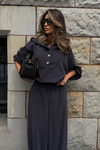 VENICE women's set in graphite – long-sleeved top and trousers, one size, 95% cotton and 5% elastane