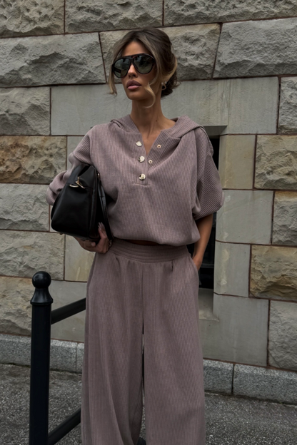 VENICE women's set in fango – long-sleeved top and trousers, 95% cotton and 5% elastane