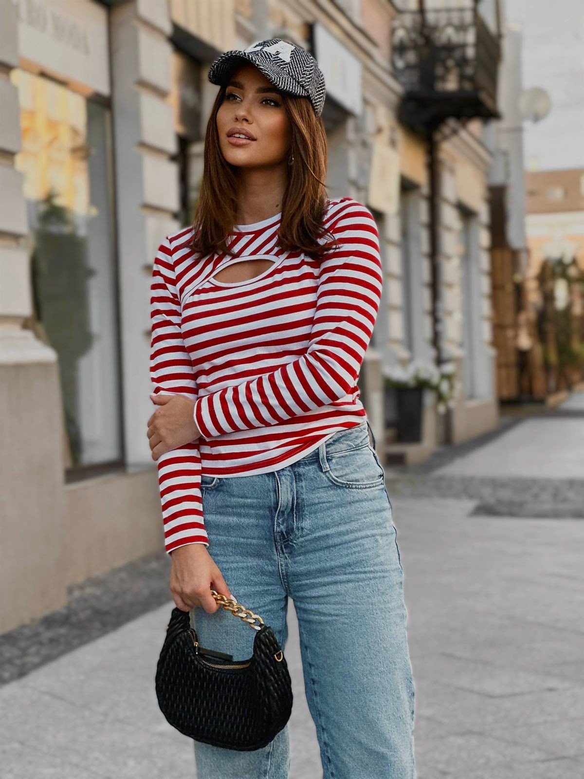 Дамска червена блуза с райета и разрез в стилен неформален дизайн LaBalancia Roberto Fashion Store Shirt 5907378505418 Uniwersalny