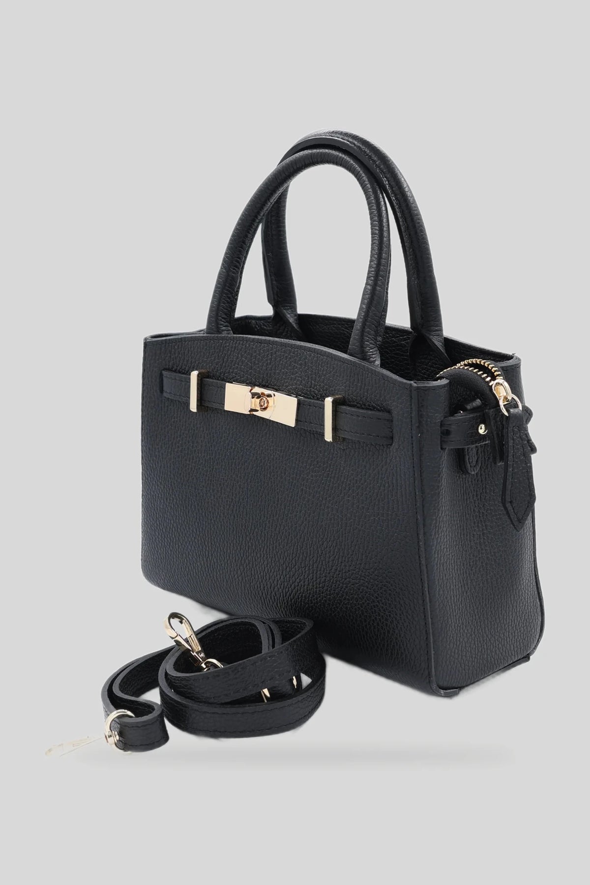 Damska skórzana torebka z paskiem i klamrą w kolorze czarnym - skóra naturalna Dollaro Roberto&Co Roberto Fashion Store Bag AVI1609BAGBLKTOT One Size INTL