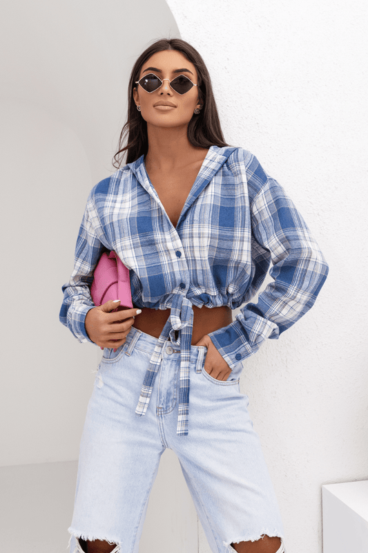 Дамска памучна риза с качулка SOHO – Кариран модел в синьо и екрю LaBalancia Roberto Fashion Store Shirt 5907378519316 UNI