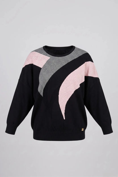 Damen-Strickpullover in Schwarz mit rosa Details Roberto&Co Roberto Fashion Store Sweater FLC2307KNIBLSBLK-50/52 50/52