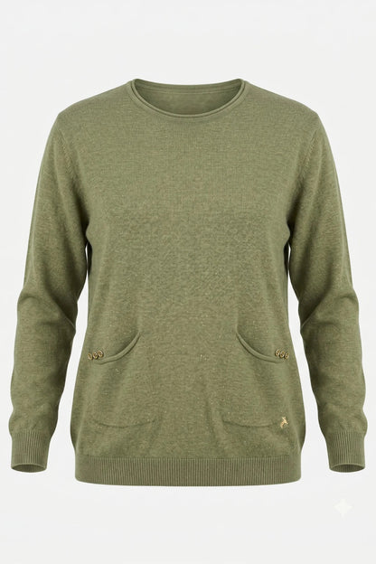 Дамска плетена блузка с джобове в зелен цвят Roberto&Co Roberto Fashion Store Sweater FLC2307KNIBLSGRE-50/52 50/52