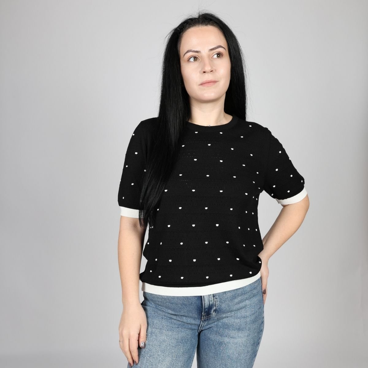 Дамска Плетена Тениска, Бял & Черен Roberto Fashion Store T-shirt FELICKNI47 42 EU Black