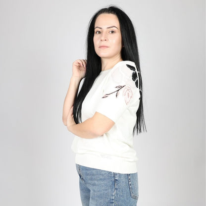 Дамска Плетена Тениска, Бял & Зелен Roberto Fashion Store T-shirt FELICKNI2 42 EU White