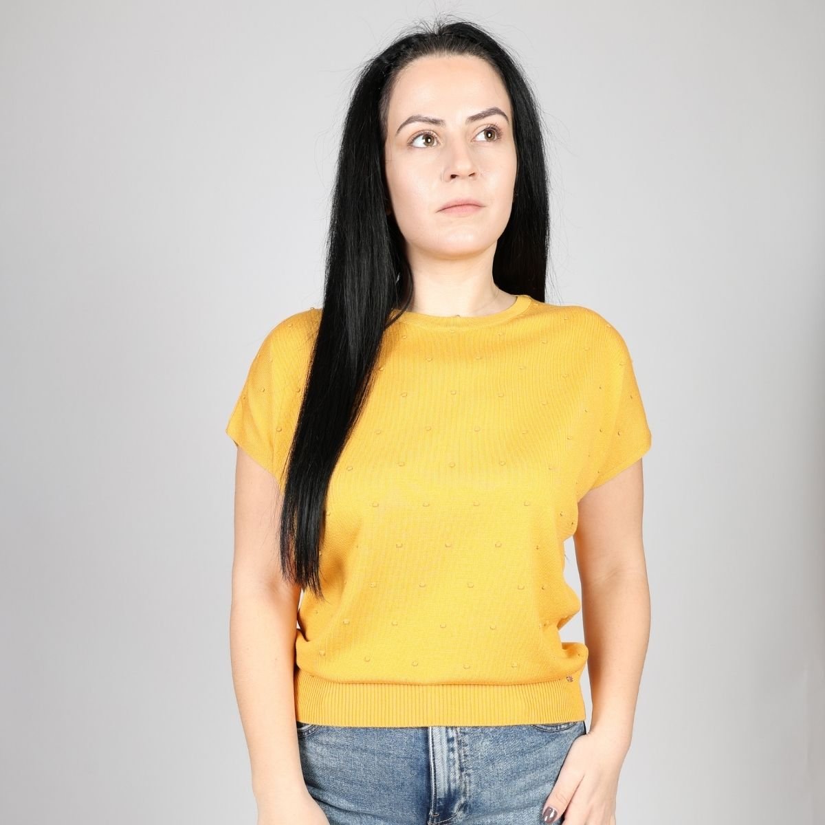 Дамска Плетена Тениска, Жълт & Бял Roberto Fashion Store T-shirt FELICKNI53 S Yellow