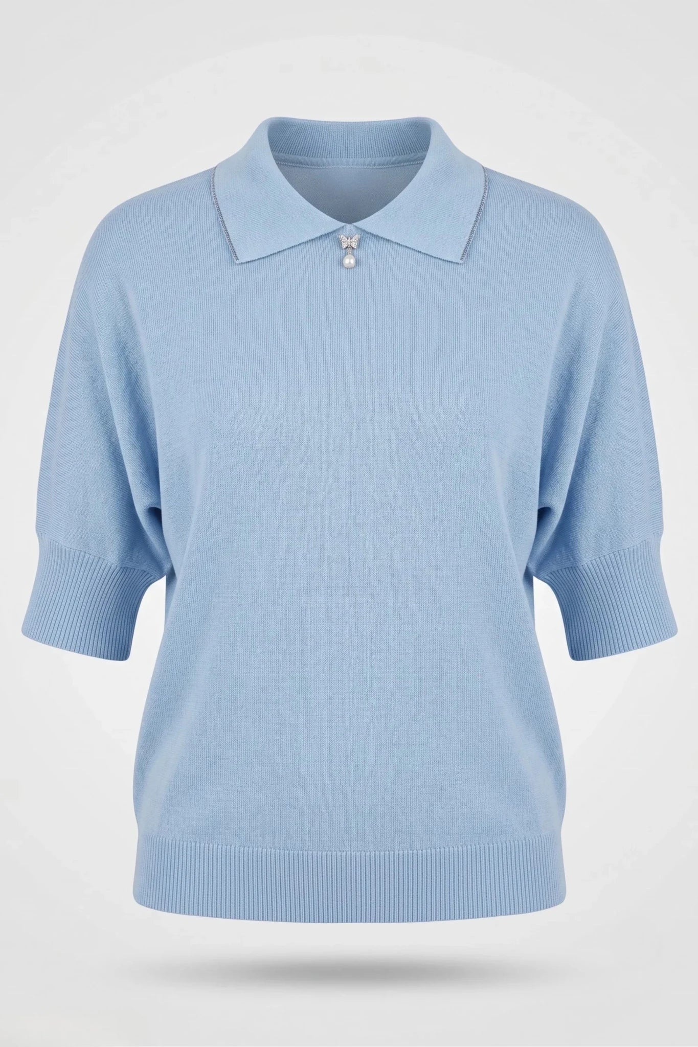 Дамска светло синя плетена тениска с къс ръкав и сърце Roberto&Co Roberto Fashion Store Sweater FLC2307KNIBLSBLU-54/56 54/56