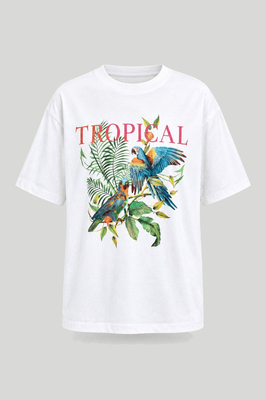 Women's white T-shirt with "Tropical" print – снимка на продукта