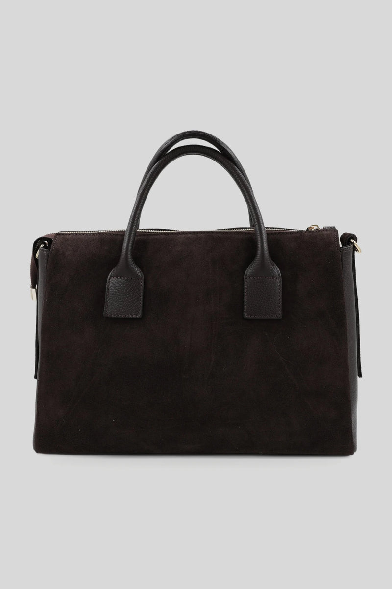 Bolso de ante para mujer con bolsillo delantero en marrón oscuro - cuero natural
