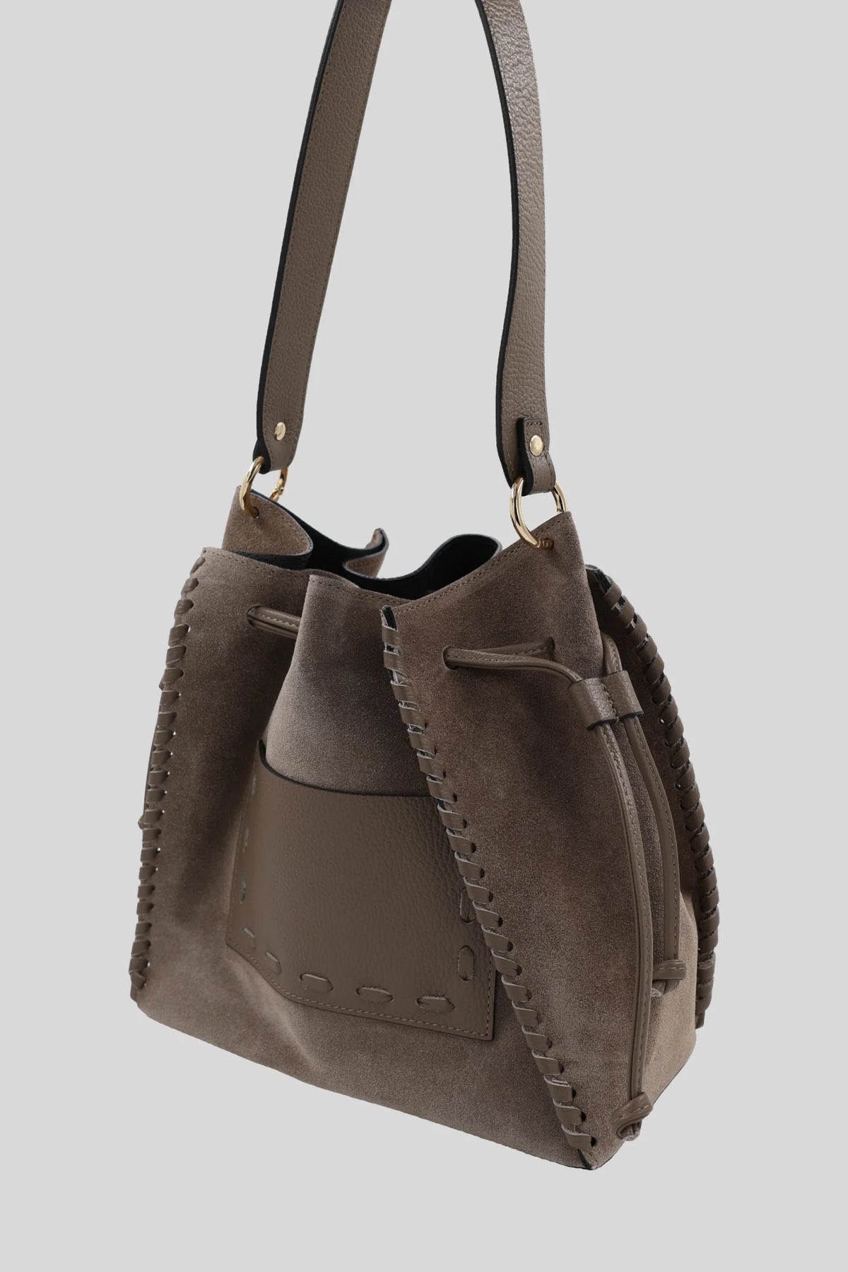 Damska zamszowa torba-worek z troczkami w kolorze beżowym - skóra naturalna Roberto&Co Roberto Fashion Store Bag AVI2509BAGBEICRS One Size INTL
