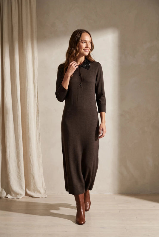 Women's wool dress "Serena" made of 100% wool, brown — with a stone-embellished polo neck, long model, sizes S-XL – облечен