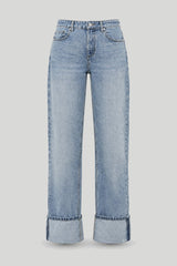 Pantalones vaqueros de mujer tipo "Straight Fit" en azul desteñido con vuelta
