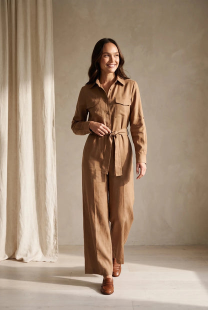 Дамски Гащеризон от Тенсел с Широк Крачол и Колан – Цвят „Карамел“ VIPART Roberto Fashion Store Jumpsuit VPR0405JMPSUIBRO-42 42