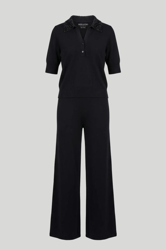 Дамски комплект 2 в 1 "Gemma" от 100% вълна, черен — поло блуза с камъни на яката и широк панталон, размери S-XL Serianno Roberto Fashion Store Set SER2808SETBLKGEM-S S