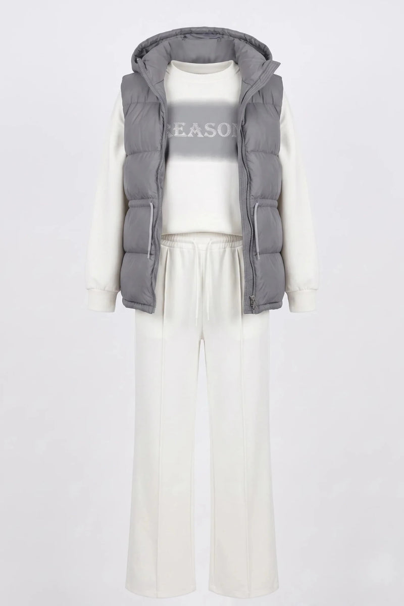 Conjunto de mujer 3 en 1 - sudadera, pantalón y chaleco sin mangas, color blanco con chaleco gris, equipo invernal cálido