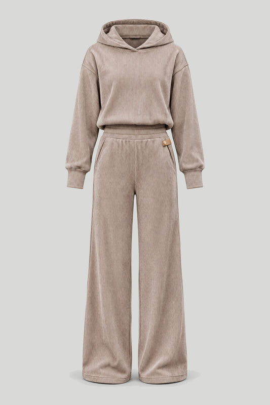 Women's HOPE Corduroy Set, Elegant Beige Blouse and Trousers Set – снимка на продукта