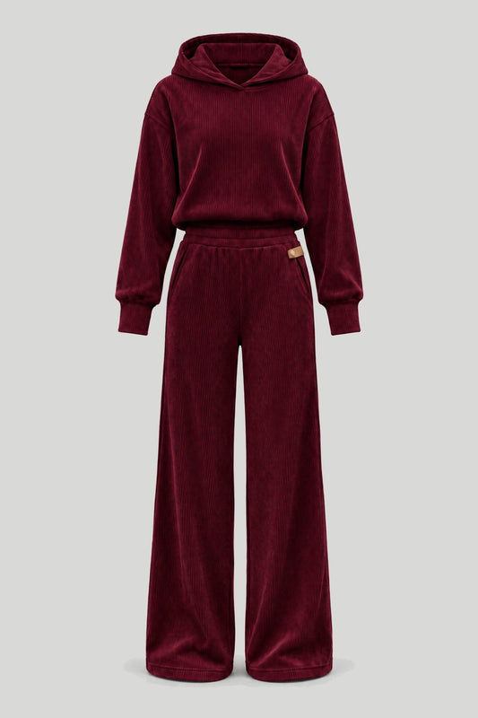 Women's Corduroy Set HOPE in Burgundy, elegant top and trousers set – снимка на продукта