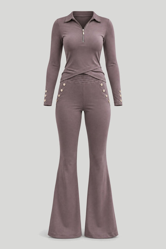 Women's set MARFA in Fango color – long-sleeved blouse and long trousers, loose fit, soft stretchy fabric made of 95% viscose and 5% elastane, comfortable elastic waist and versatile design – снимка на продукта