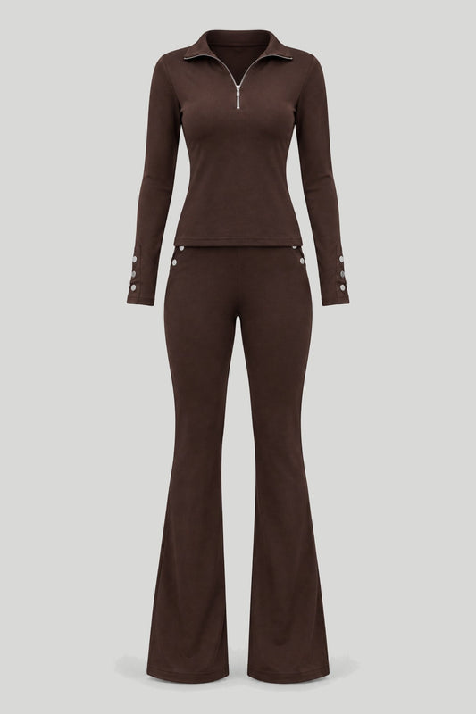 Women's set MARFA in brown – long-sleeved blouse and long trousers, soft elastic fabric, elasticated waist, 95% viscose and 5% elastane – снимка на продукта