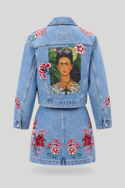 Дамски комплект от дънкова материя "Frida Kahlo" — яке и къса пола, 100% памук, светлосиньо Medicine Roberto Fashion Store Set RS26KUD455-50J-S S
