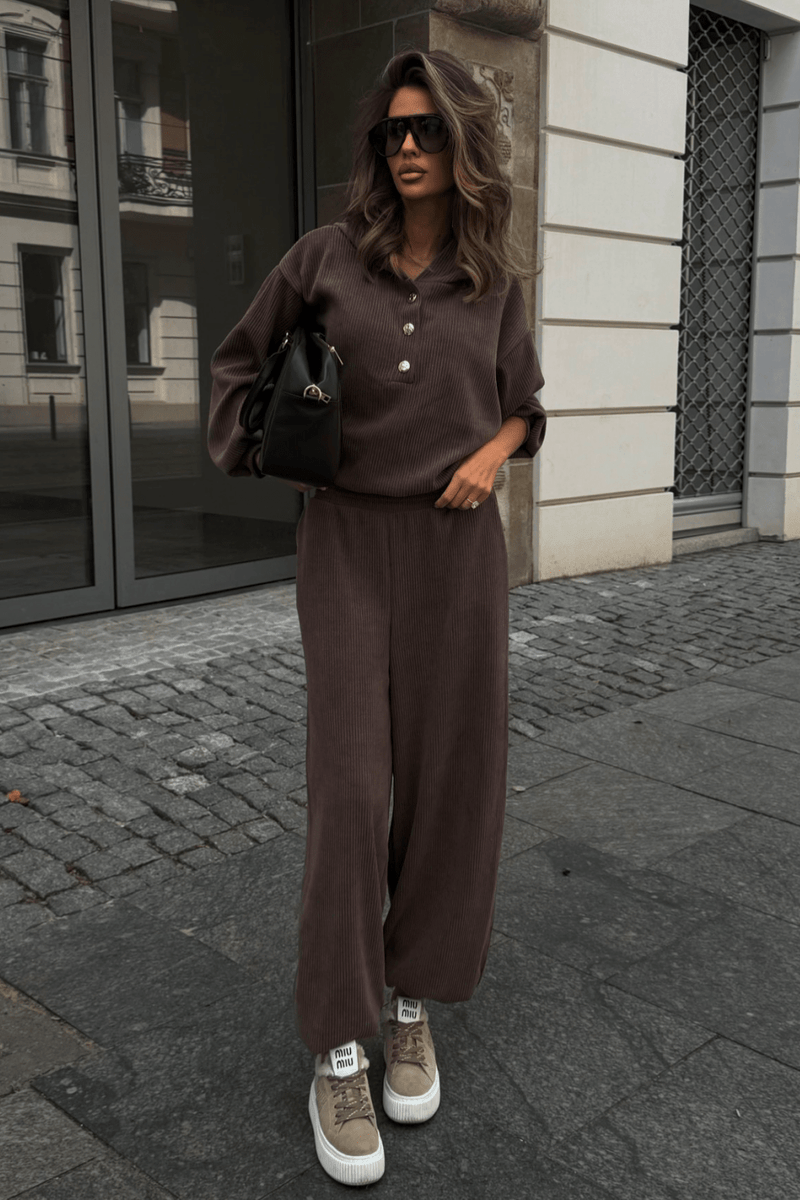 VENICE cotton and elastane women's set – blouse and trousers, dark fango, one size