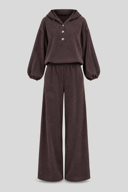 VENICE cotton and elastane women's set – blouse and trousers, dark fango, one size – снимка на продукта