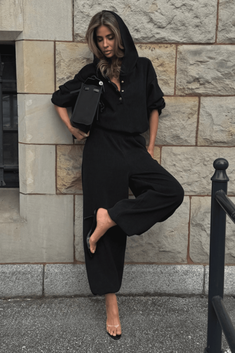 VENICE women's set in black – blouse and trousers, 95% cotton and 5% elastane, one size, comfortable everyday smart-casual style