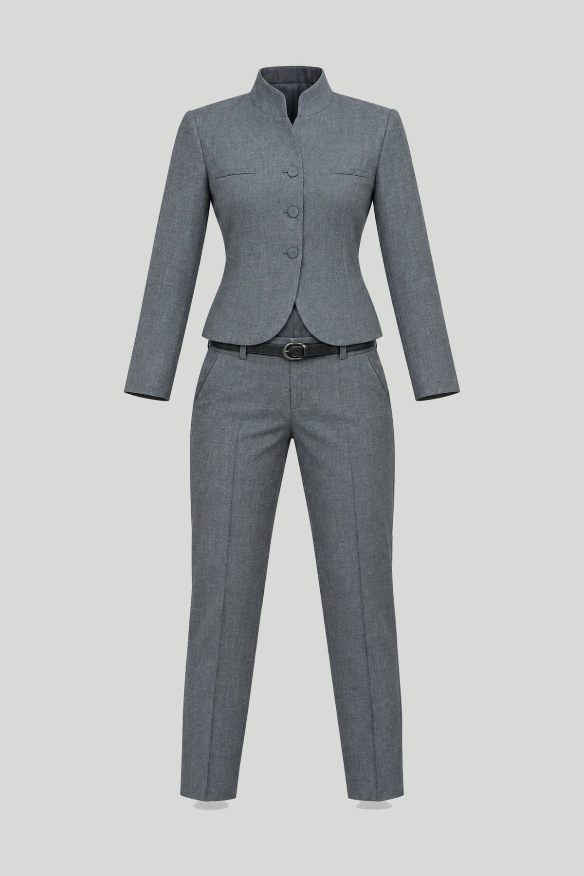 Дамски костюм 2 части сако с яка столче и панталон с колан в сив цвят VIPART VIPART Roberto Fashion Store Set VPR0610SETGRYSTD38 38