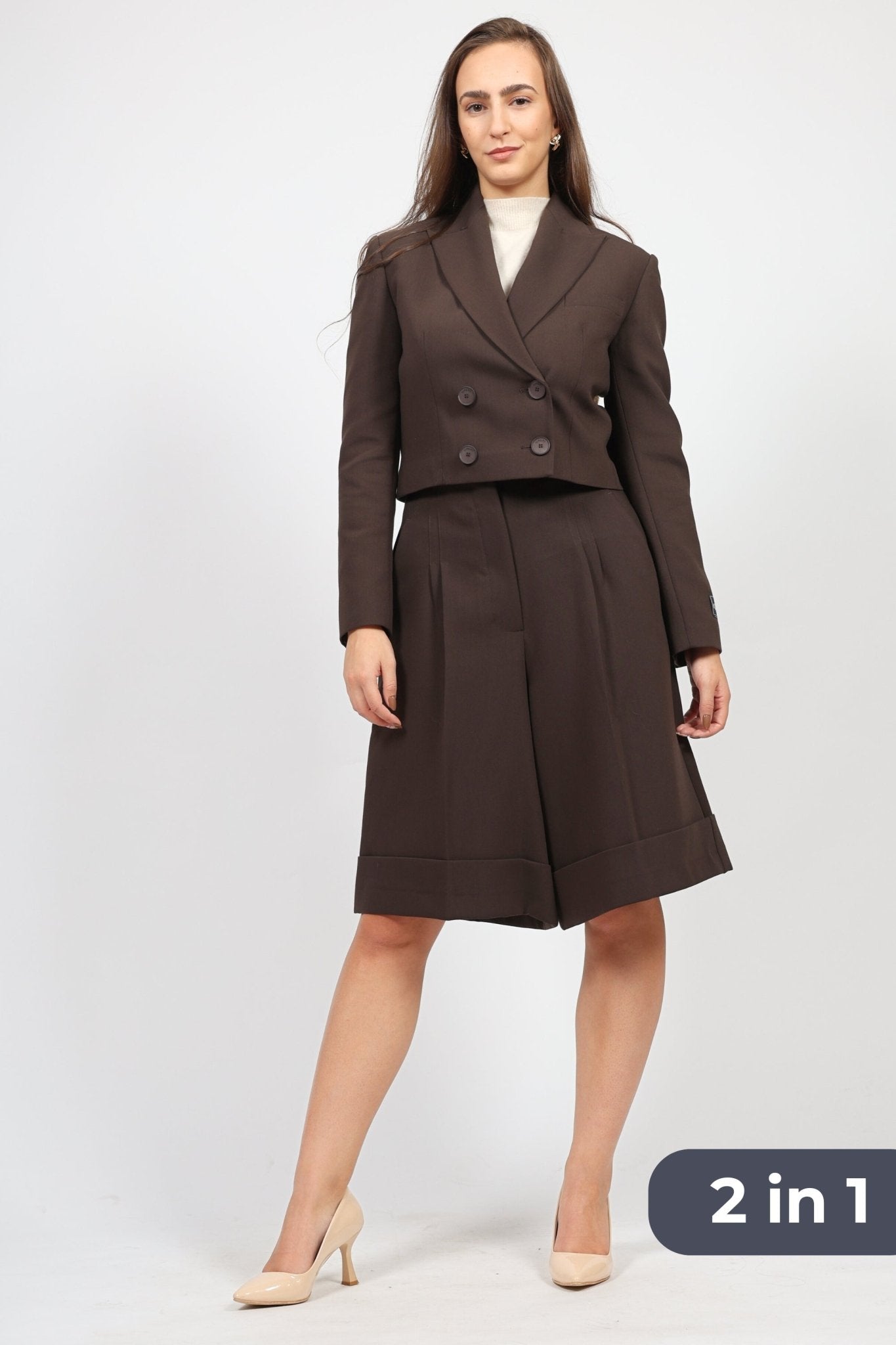 Дамски Костюм - Сако + Къс Панталон, Кафяв VIPART Roberto Fashion Store Set VPR0311SETBRWTRK36 36 Кафяв