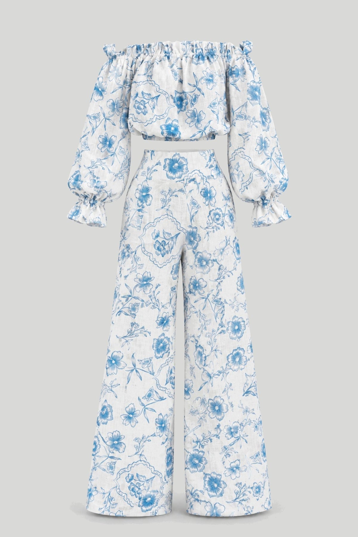 Дамски ленен комплект MIA – блуза с голи рамене и широк панталон, Floria Blue LaBalancia Roberto Fashion Store Set 5907378522064 XS/S